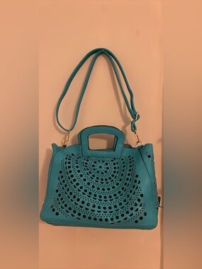 Turquoise Laser-Cut Women’s Tote Bag - Stylish Shoulder & Top Handle